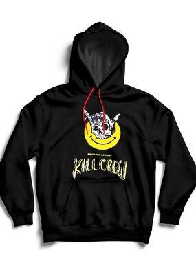 Kill Crew Black Hoodie with Yellow Skull Graphic and Red Drawcords